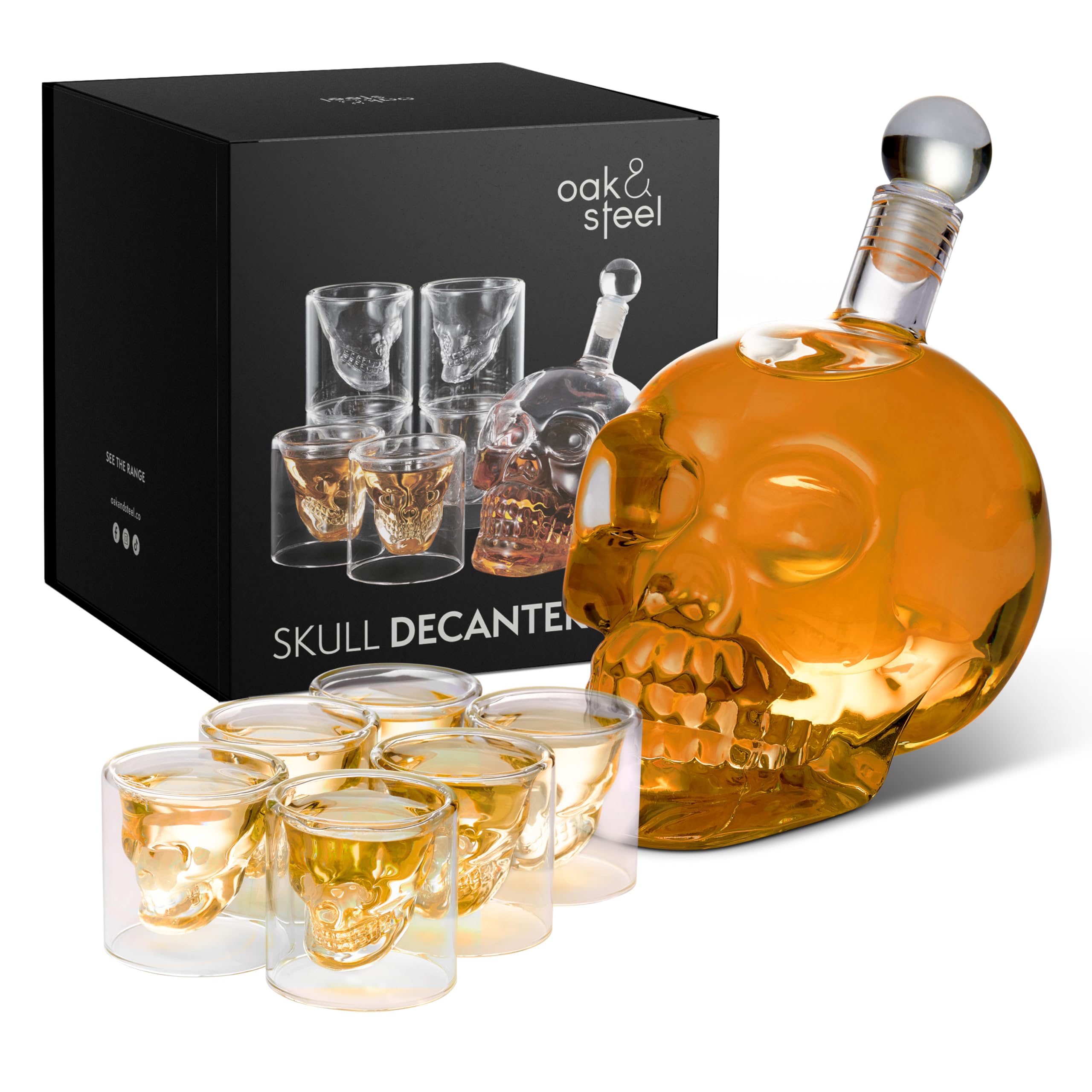Oak & Steel - Skull Glass Decanter and 6 Skull Glass Shot Glasses, Premium Wine and Whiskey Dispenser, Halloween Birthday Gift Set Idea - 700ml