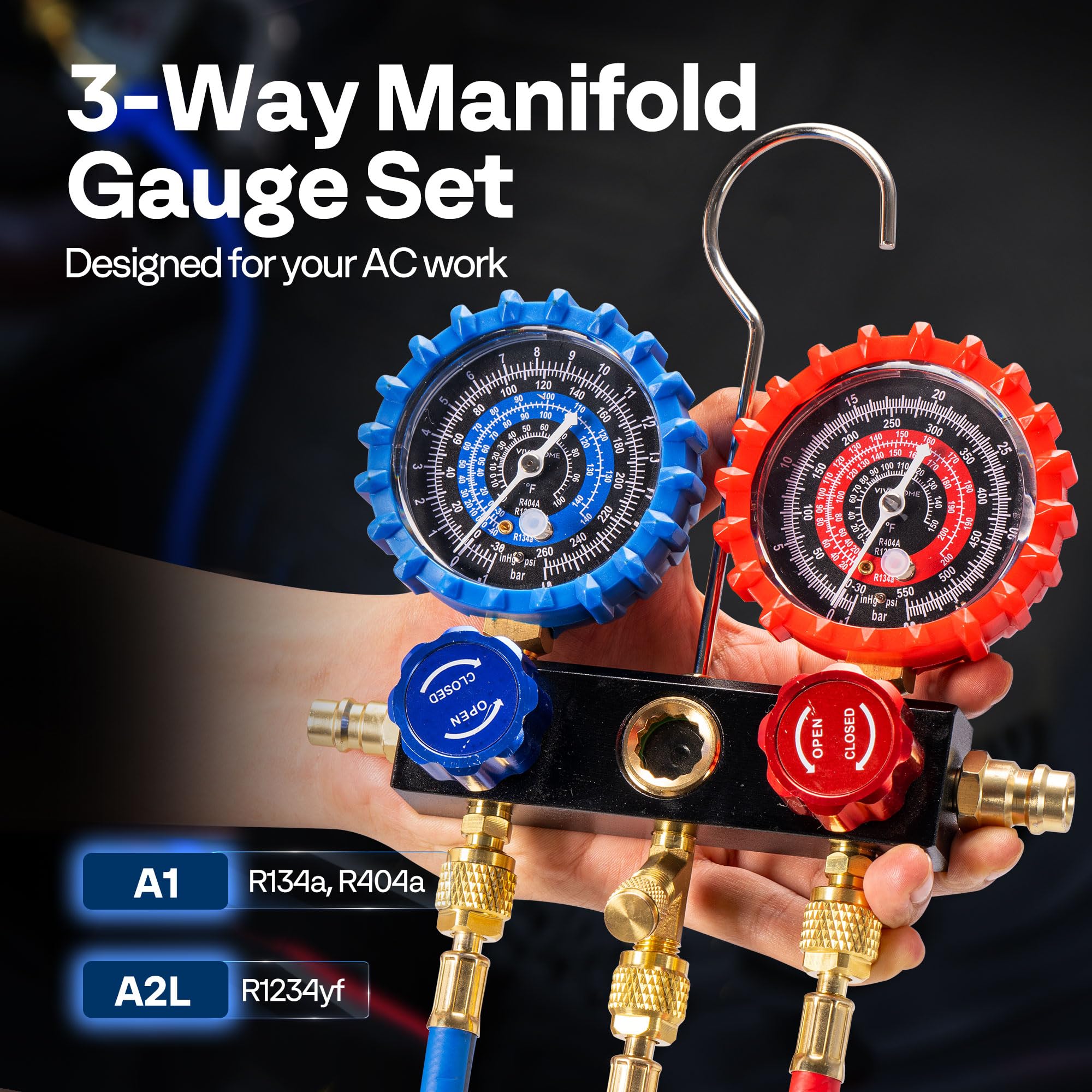 Condition photo showing New/Like New for vivohome hvac manifold gauge set with r134a r1234yf quick couplers and can taps, automotive ac gauge