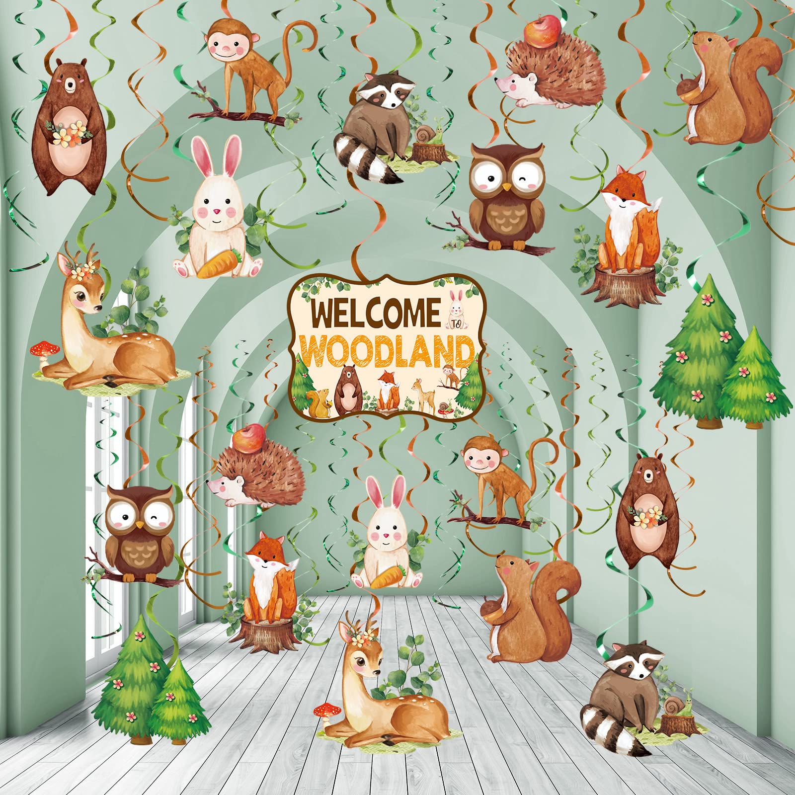 Outus 51 Pieces Woodland Animals Hanging Swirl Decorations, Forest Friend Birthday Party Foil Ceiling Decor for Boy Girl Kids Woodland Classroom Decor Jungle Birthday Party Baby Shower Supplies