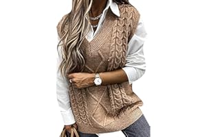 GORIFE Retro Cable Knitted Sweater Vest for Women Simple Deep V Neck Pullover Fashion Casual Ribbed Tops