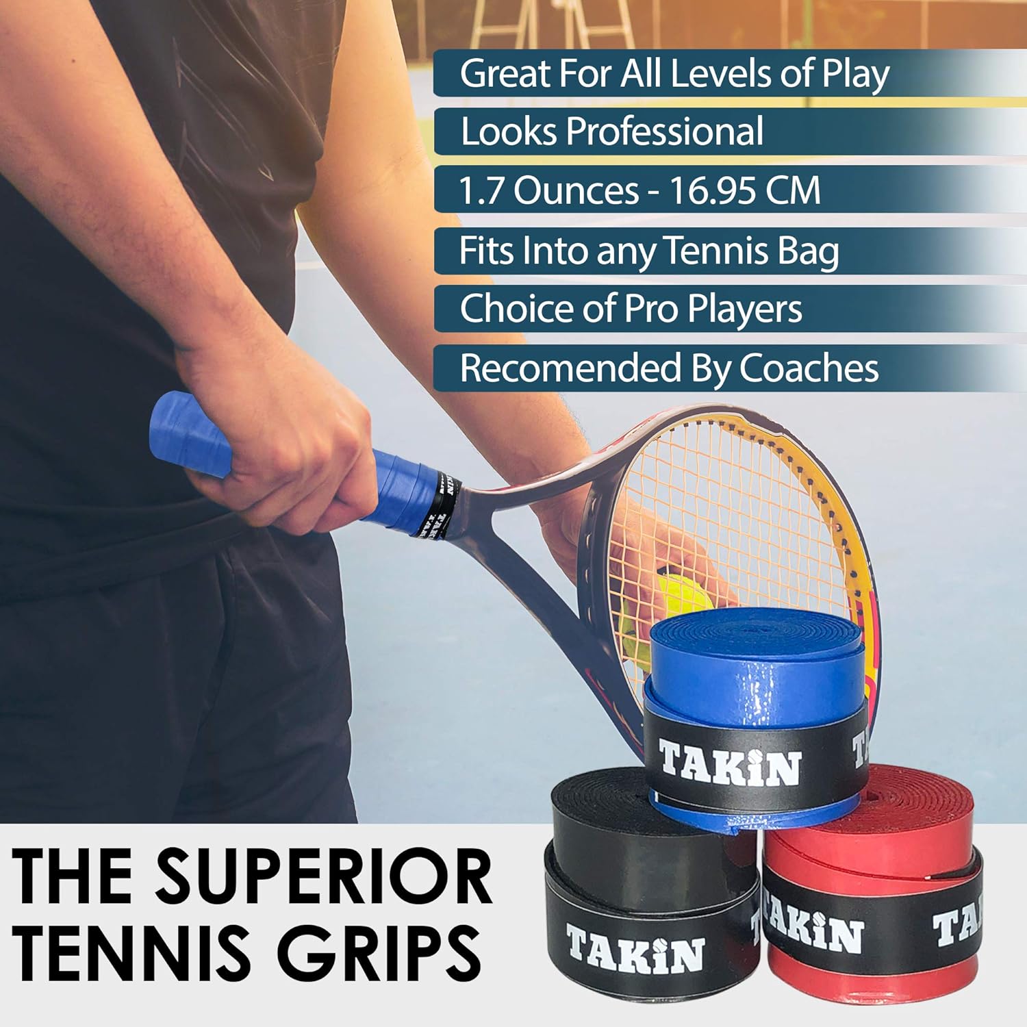 Takin Best Tacky Tennis Grips - Absorbent Over Grip for Tennis Racquet Handle - Black Tennis Racket Grip Tape Replacement for Rackets - 3 Pack Overgrips/Overwrap : Sports & Outdoors