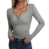 GKBK Women's Long Sleeve Tops Henley T Shirts Button Ribbed Slim Fit 2025 Spring Fall Outfits Casual Cute Basic Tee Blouse