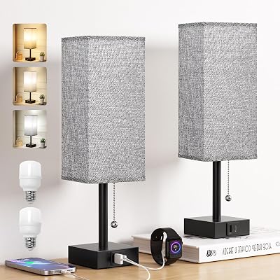 Aooshine Bedside Lamps Set of 2 with USB Ports Grey Shade 3-Color Modes