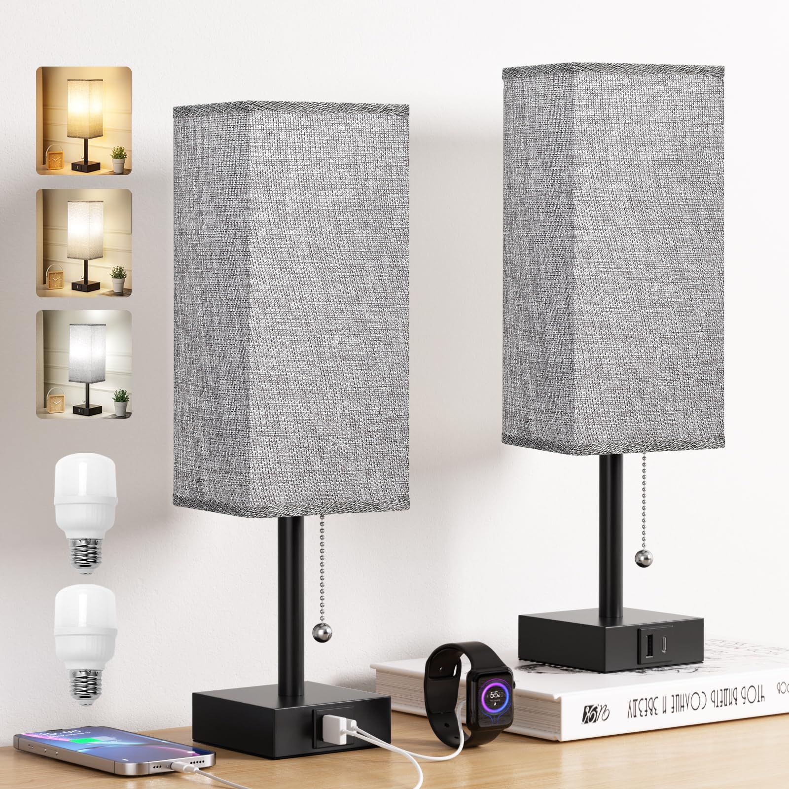 Aooshine Bedside Lamps Set of 2, Bedside Lamps with USB A+C Ports, Table Lamps for Bedroom with 3-Color Modes, Pull Chain Lamp with Grey Square Fabric Shade for Bedroom Living Room (Bulb Included)