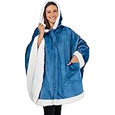 PAVILIA Sherpa Fleece Wearable Blanket for Adult Women, Cozy Plush Blanket Poncho Cape with Hood, Super Soft Shawl, Angel Wrap Throw for Office, Turquoise Sea Blue