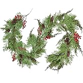 DearHouse 6FT Christmas Pine Garland, Artificial Greenery Garland with Spruce Cypress Red Berries Pinecones for Holiday Season Mantel Fireplace Table Runner Centerpiece Xmas Decor