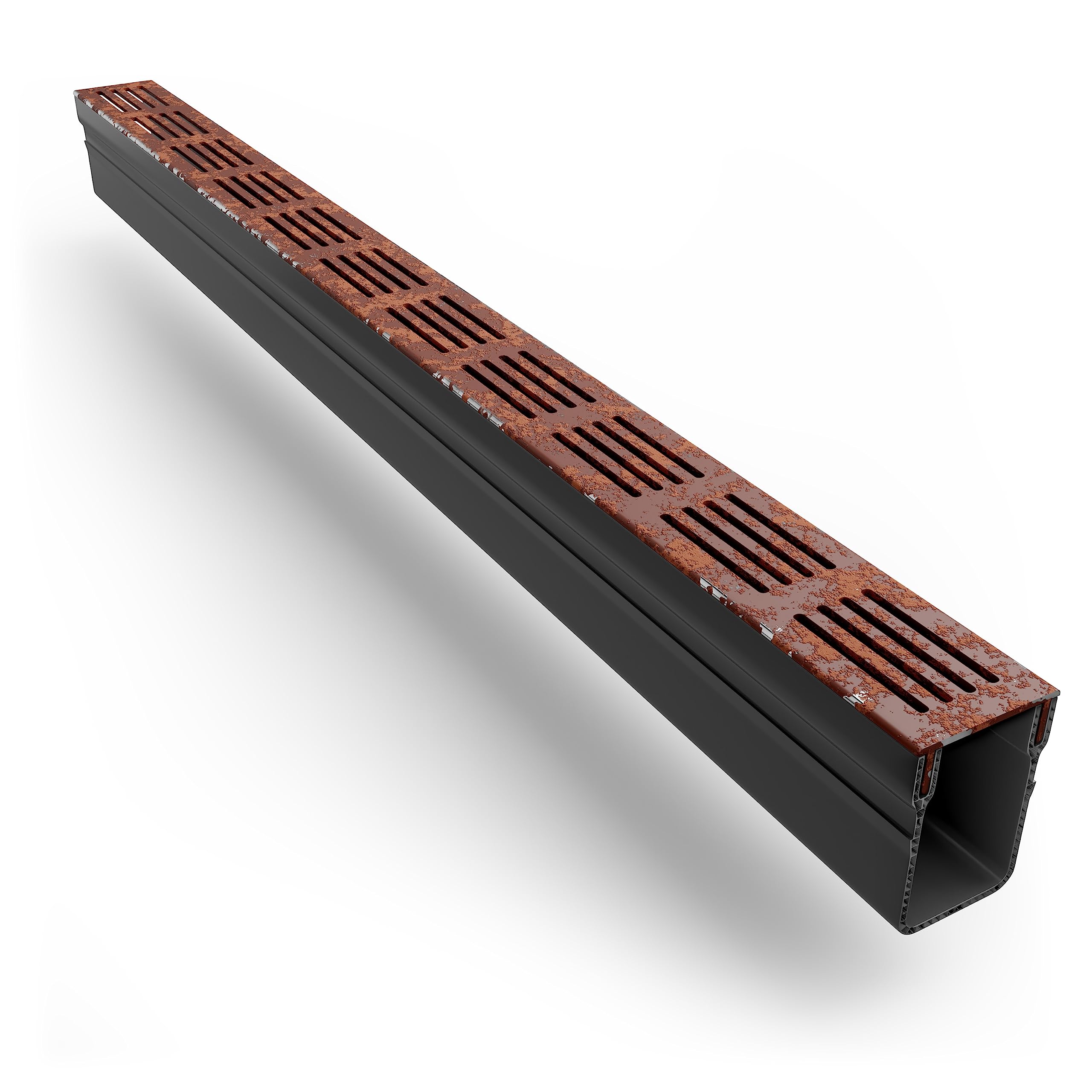 Alusthetic Corten Steel Threshold Drainage Channel | Slim Black PVC 1m Long Channel Drain with Corten Steel Grating | Outdoor Storm Land Drain Guttering with Corten Grating | 1 x 1m Length