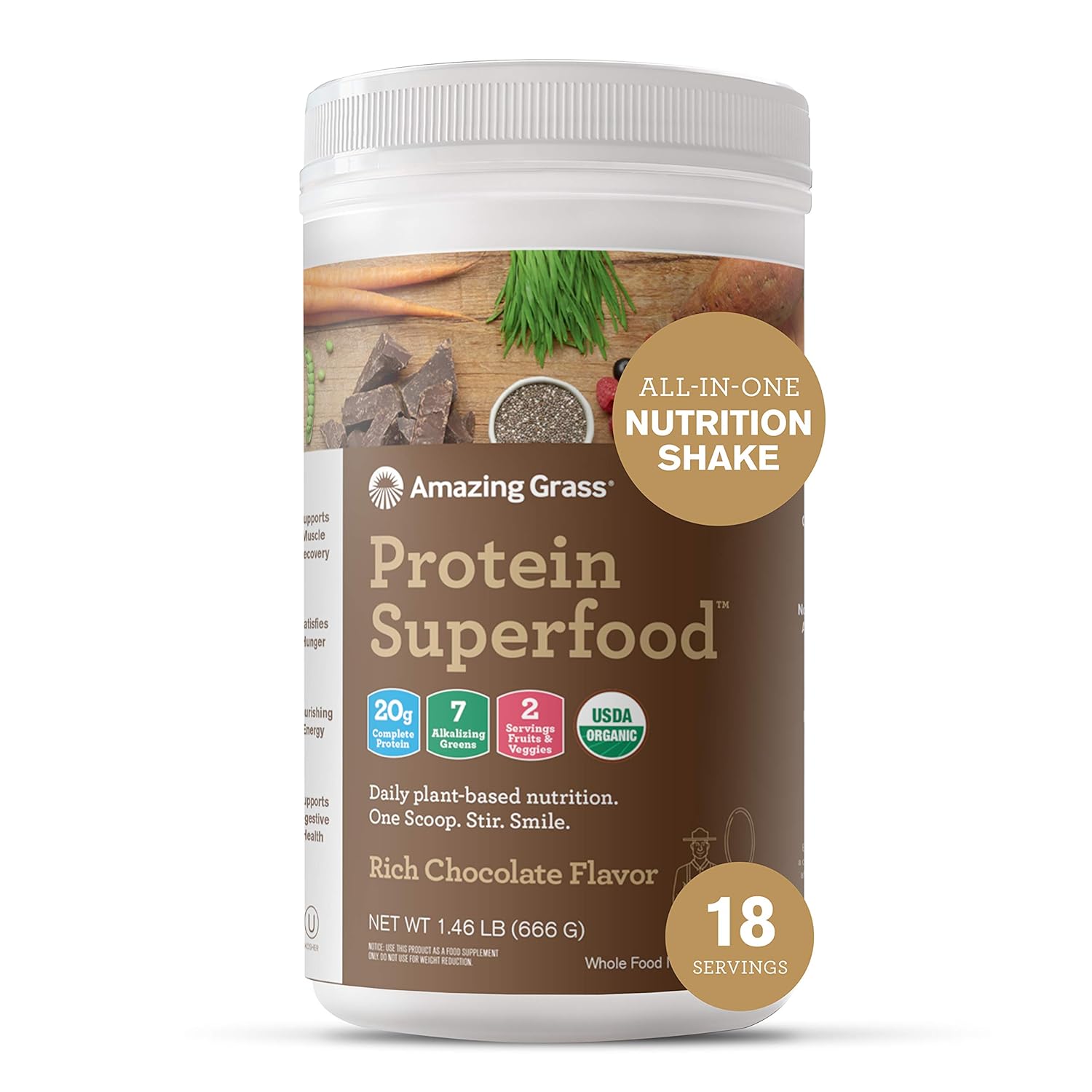 Amazing Grass Protein Superfood: Vegan Protein Powder, All-in-One Nutrition Shake, Rich Chocolate, 18 Servings : Grocery & Gourmet Food