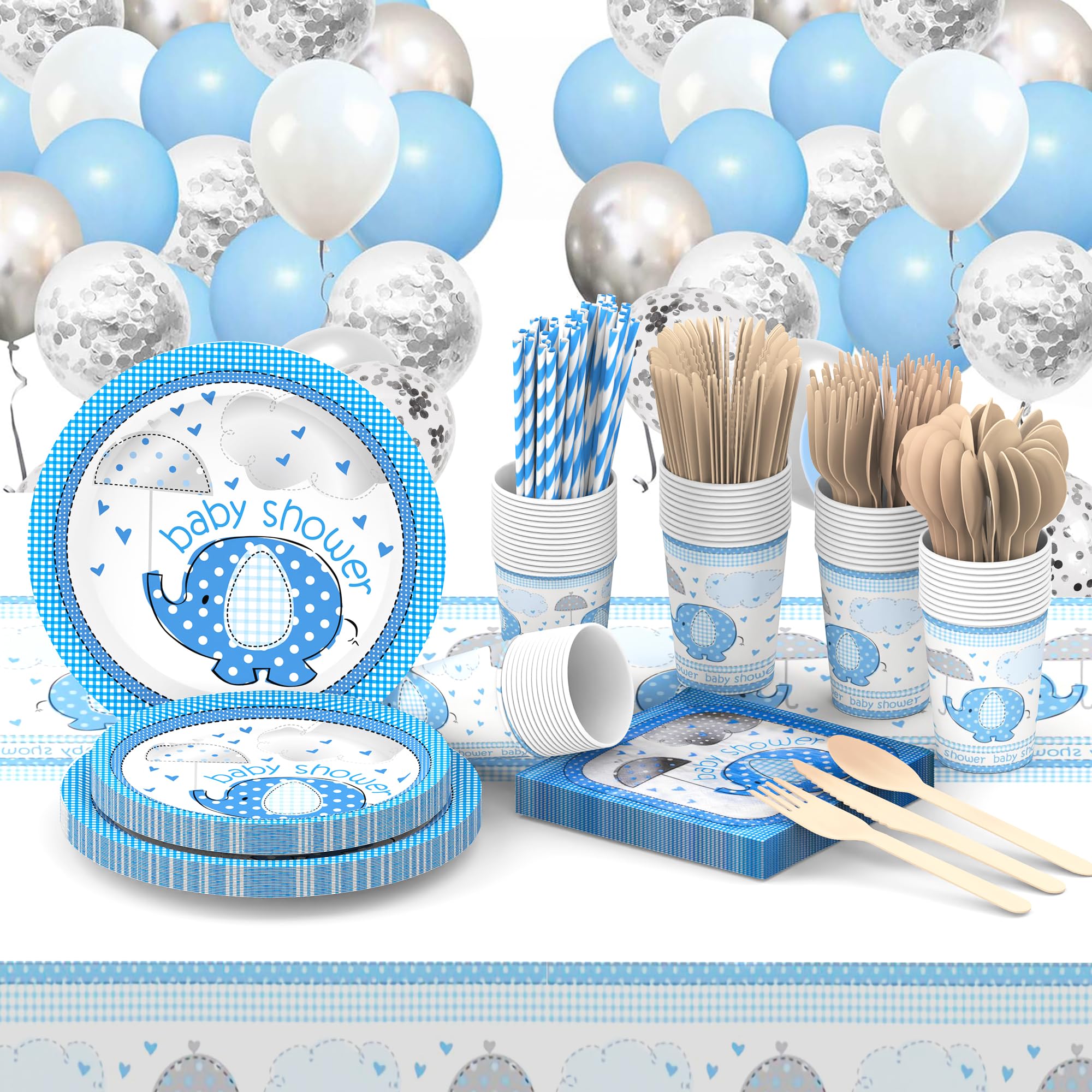 177 Pcs Baby Shower Decorations for Boy, Its a Boy Plates and Napkins Set, Baby Shower Party Supplies with 48 PCS Balloons, Blue Elephant Baby Shower Decorations for Boys