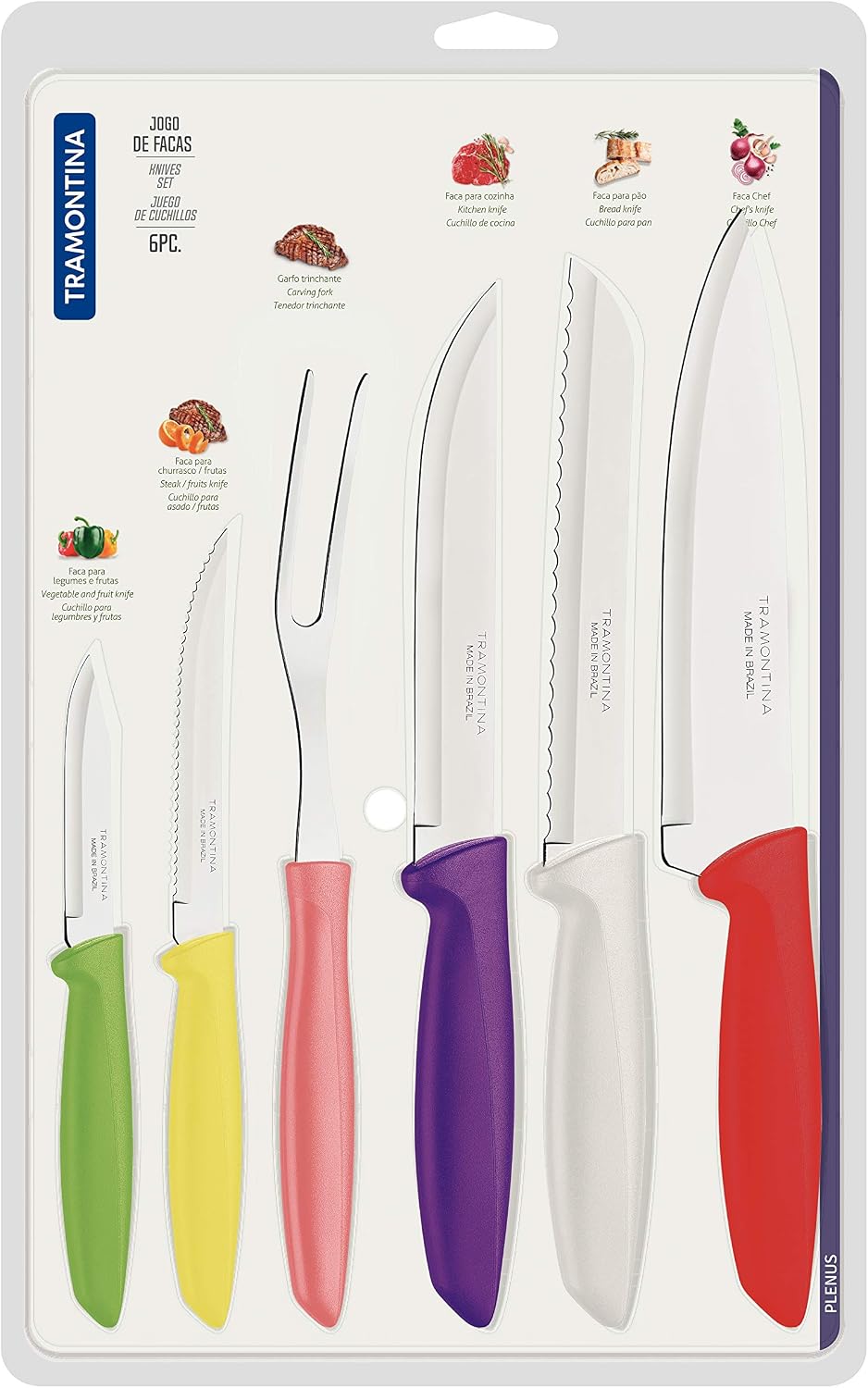 Tramontina Plenus Kitchen Knives Set of 6 with Paring, Bread, Chef and Steak Sharp Knife Plus Carving Fork, Vegetable Chopper, 23498916 - Image 4