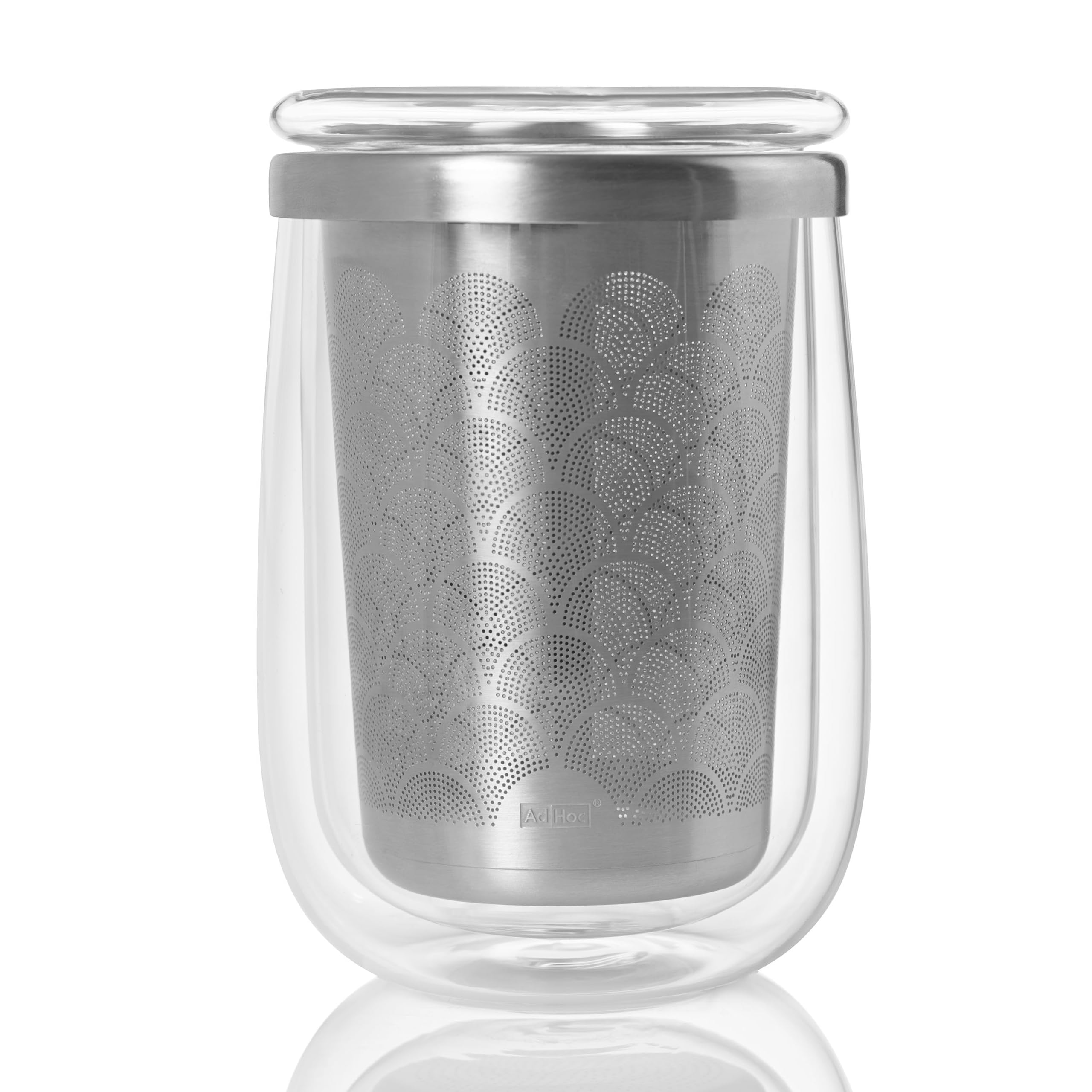 AdHoc Fusion Tea Glass with Infuser/Filter, Loose Leaf Tea Strainer with Cup/Mug, Insulated Glass/Stainless Steel/Plastic/Silicone, (H) 135mm x (D) 90mm, Clear/Silver, Includes Lid