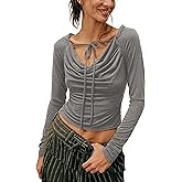 Jianzhixiao Women's Long Sleeve Crop Tops Slim Fit Shirts Lace-Up Neck Blouse Off Shoulder Tee Shirts