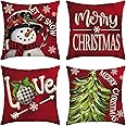 AVOIN colorlife Merry Christmas Let It Snow Love Snowman Red Throw Pillow Covers, 18 x 18 Inch Xmas Tree Holiday Cushion Case Decoration for Sofa Couch Set of 4
