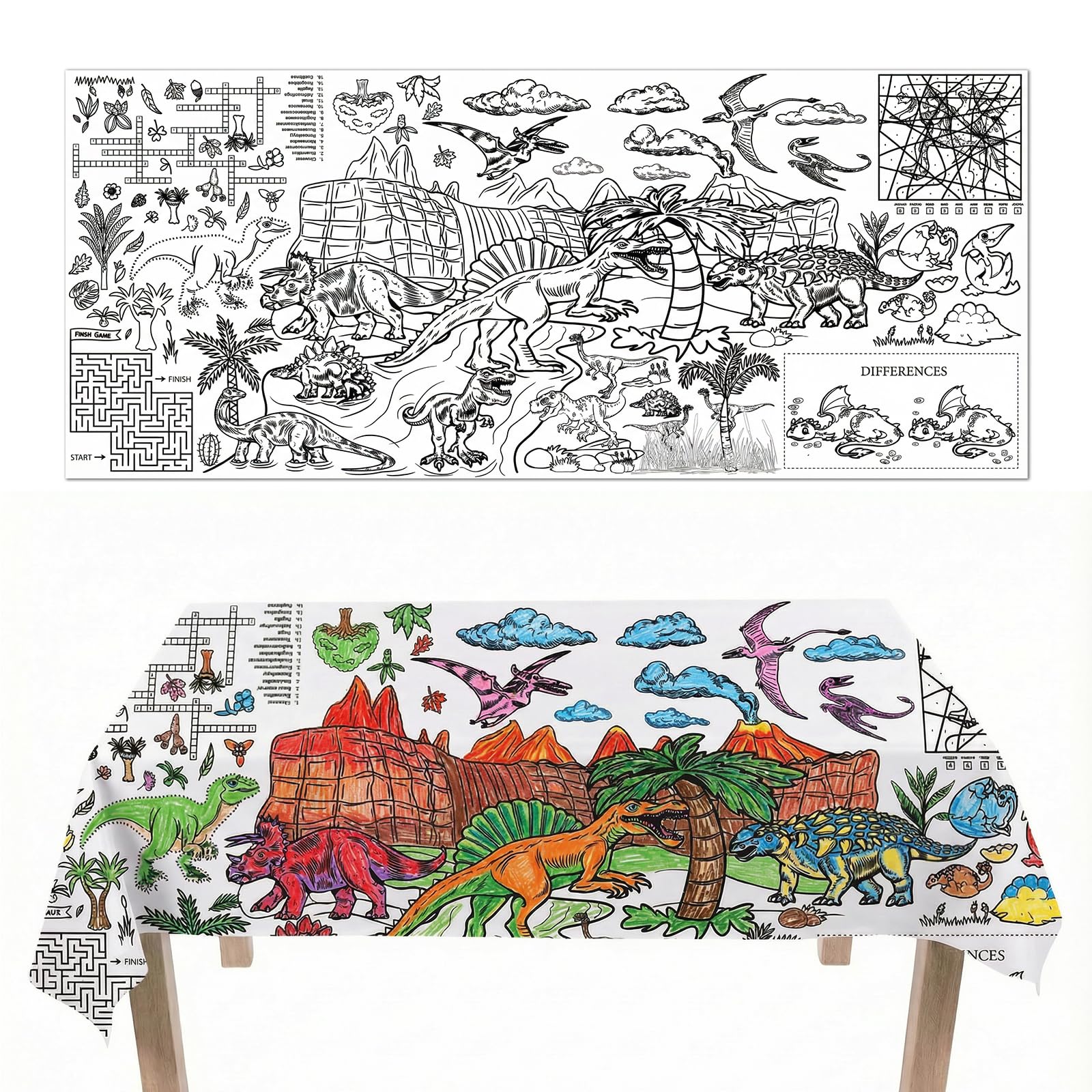 Geukmun Colouring Table Cloth for Kids, 72x30 inch Large Birthday Table Cloth, Dinosaur Doodle Paper Tablecloths for Boys Girls, Craft Painting Art, Birthday Gift