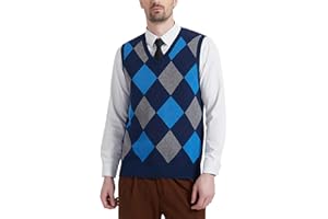 KALLSPIN Men’s Argyle V Neck Sweater Vest Wool Blend Sleeveless Pullover Casual Fashion Knitwear