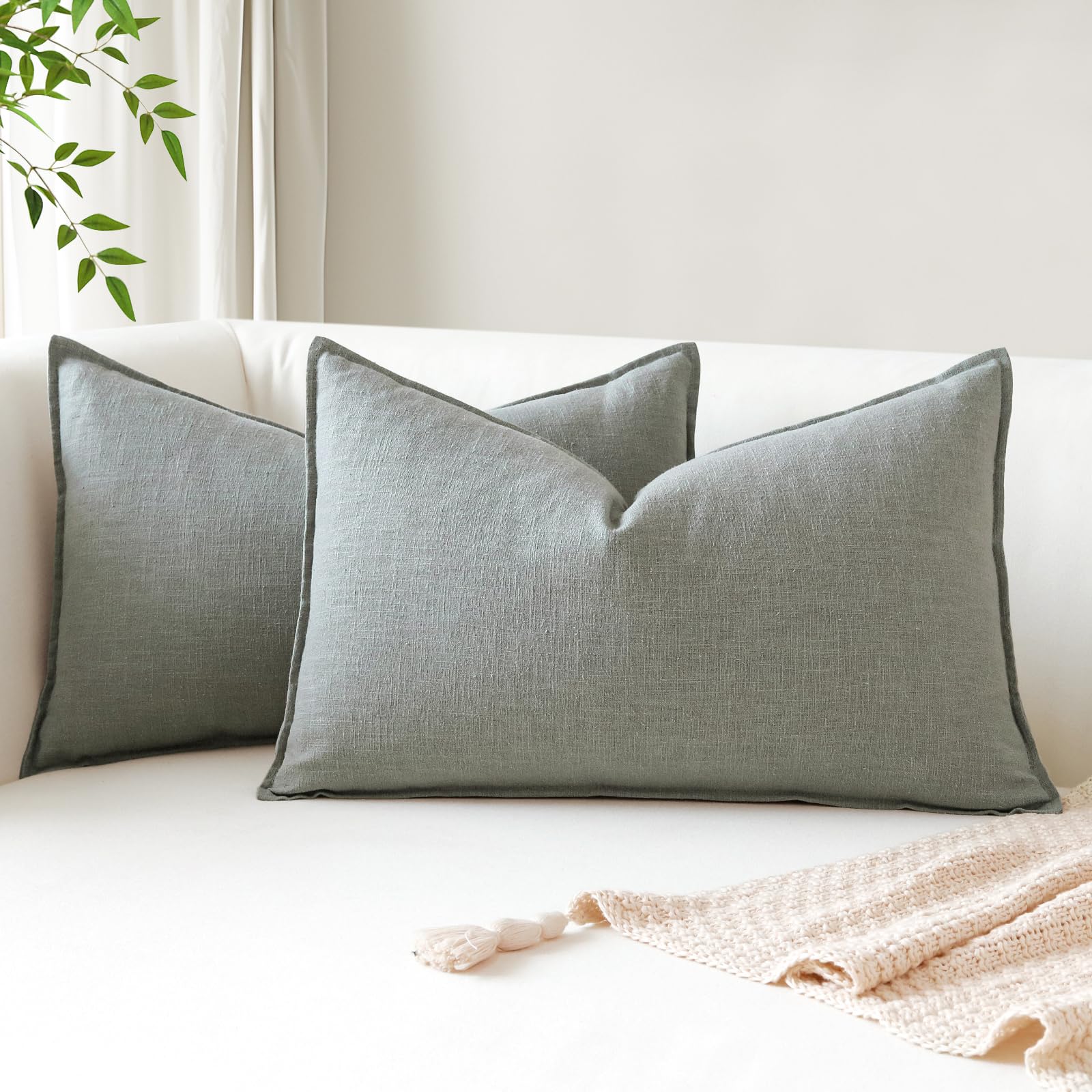 Sungeek Set of 2 Soft Linen Decorative Cushion Covers 30cm x 50cm Solid Farmhouse Throw Pillow Covers Boho Accent Cushion Cases for Sofa Couch Chair Bedroom Home Decor Pillowcases, Grey