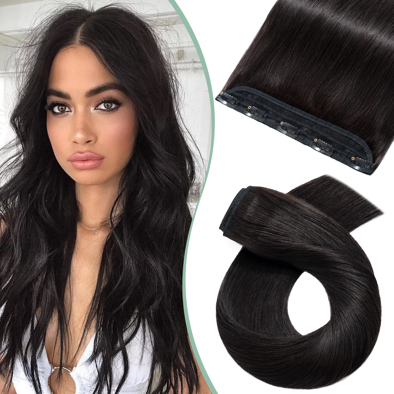 Silk-co Clip in Hair Extensions Human Hair 14inch One Piece Clip on Remy Real Natural 100% Remy Silky Soft Straight #1B Natural Black 45g