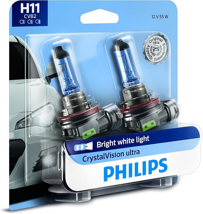 Philips H11 CrystalVision Ultra Upgraded Bright White Headlight Bulb, 2