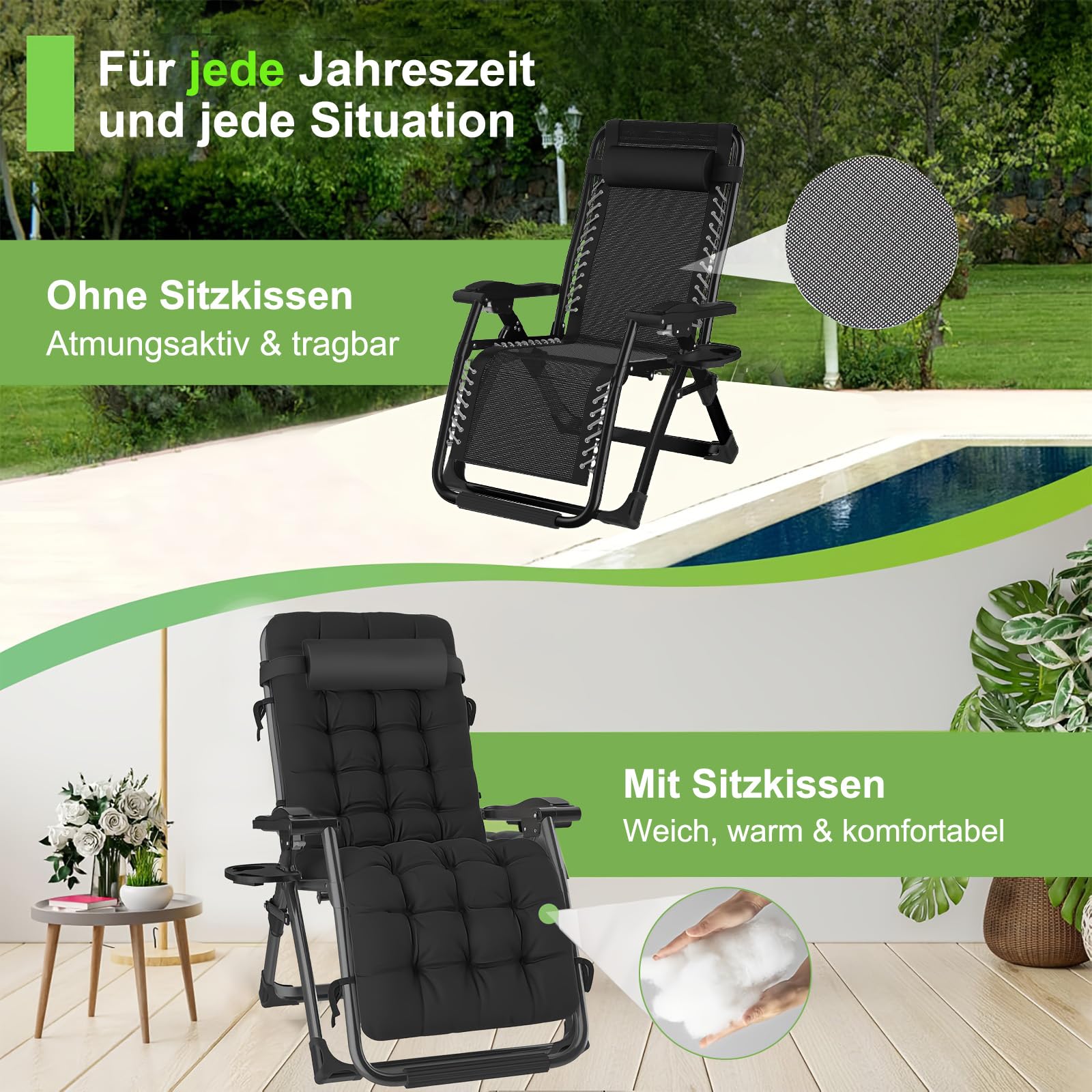Klappbarer Gartenliegestuhl mit 90–170°verstellbarer Rückenlehne, Tragkraft 200 kg, inklusive Getränkehalter, Liegestuhltasche – Geeignet als klappbare Sonnenliege für Garten, Strand, Pool und Balkon 5