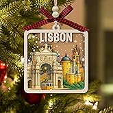 Lisbon Wooden Christmas Ornament, 2-Layer Wood and Acrylic Skyline Decoration with RUA Augusta Arch- Pena Palace and Historic Tram in Snowy Winter Scene, Holiday Souvenir Gift
