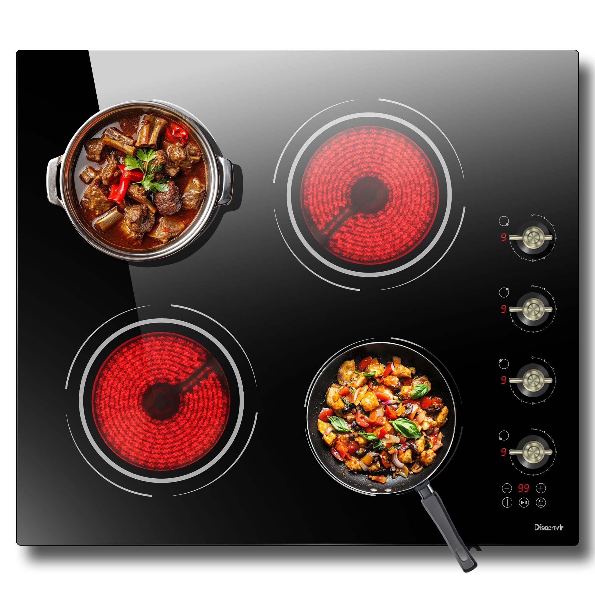 24 Inch Electric Cooktop - 4 Burner Drop-in Glass Ceramic Stove Top 6000W, 220V Radiant Electric Stove, 9 Power Level, Pause Key, Safety Lock, Touch & Knob Control, 240V Hard Wired (No Plug)