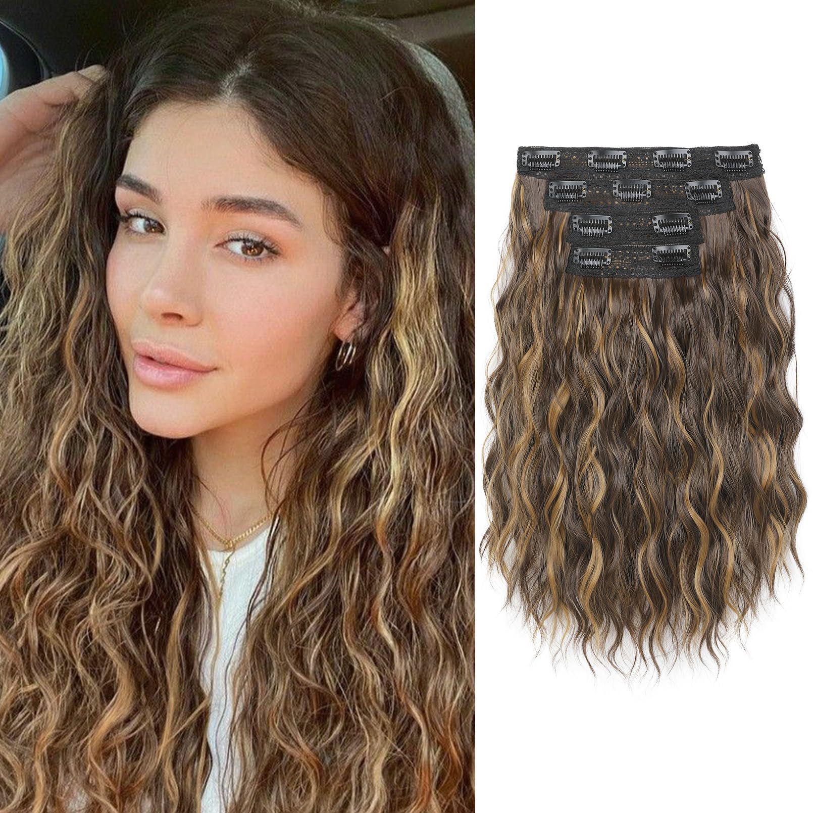 Photo 1 of REECHO Clip in Hair Extensions, 4PCS 14" Short Wavy Hair Extensions Invisible Lace Weft Natural Soft Hairpieces for Women Chocolate Brown with Highlights