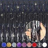 QRabbit 4 Pack Black Tinsel Foil Fringe Curtains - 3.3x6.6 Ft Metallic Party Streamers Backdrop for Birthday Wedding Christmas Party Decor, Self-Adhesive Photo Booth Wall Door Decorations
