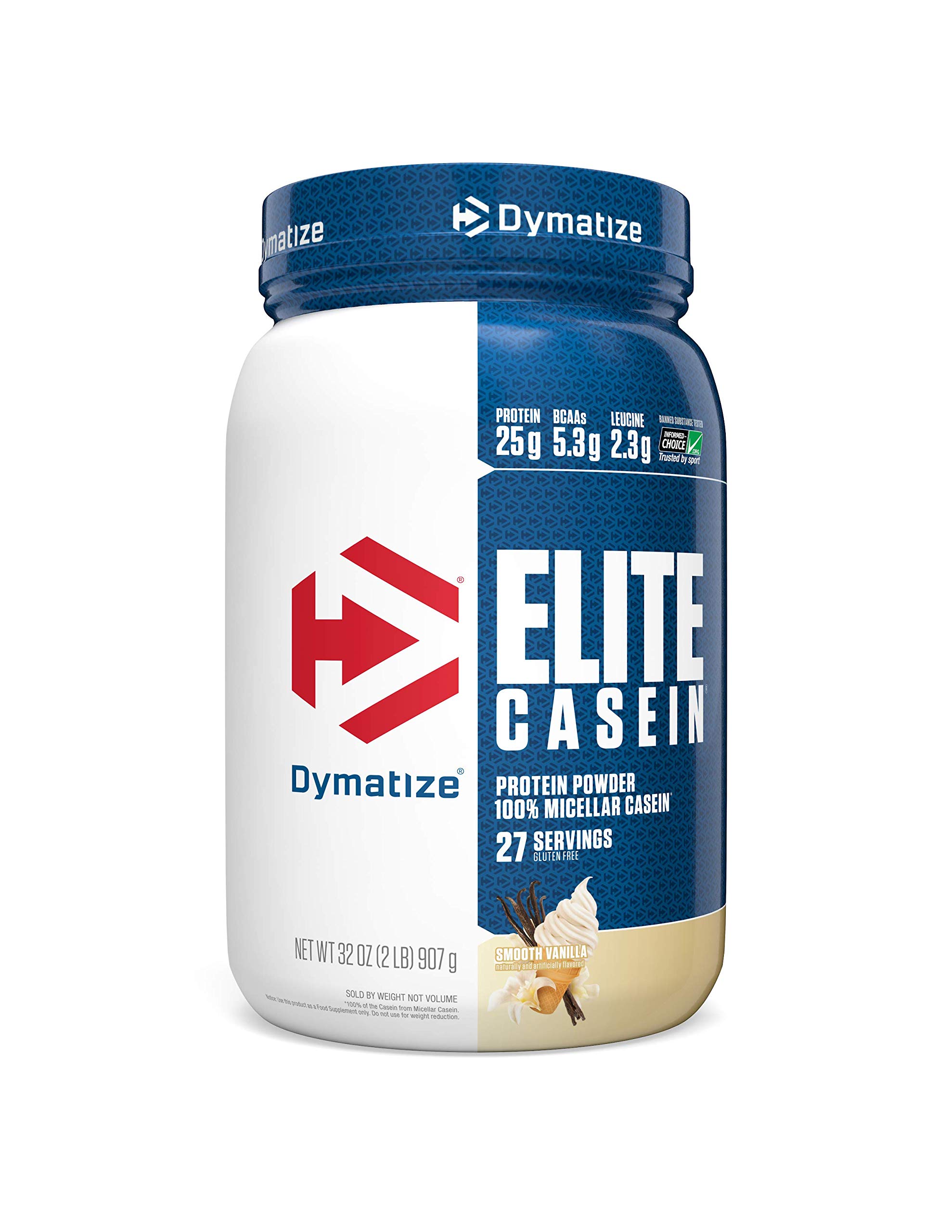 Dymatize Elite Casein Protein Powder, Slow Absorbing with Muscle Building Amino Acids, 100% Micellar Casein, 25g Protein, 5.4g BCAAs & 2.3g Leucine, Helps Overnight Recovery, Smooth Vanilla, 2 Pound