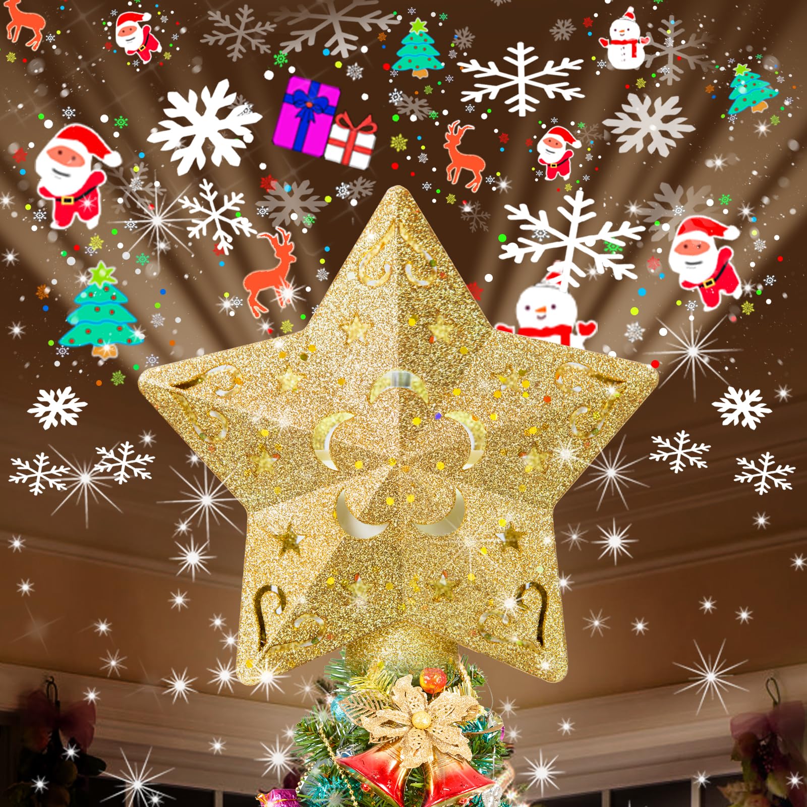 Photo 1 of Christmas Star Tree Topper Lighted with Projector, Tree Toppers Christmas with Lights, Christmas Tree Ornament for Indoor Xmas Holiday New Year