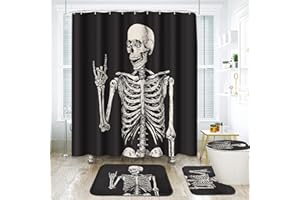 ArtSocket Skeleton Bathroom Set with Shower Curtain and Rugs Accessories Rock Skull Shower Curtain Sets Horror Retro Black Creative Shower Curtain for Bathroom Decor 4 Pcs