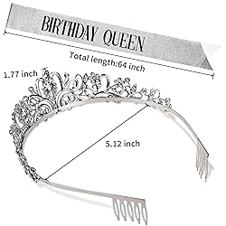 Birthday Sash and Crown for Women, Silver Crystal