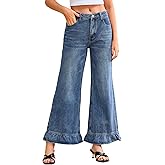 YEXPINE Women's Ruffle Flare Jeans High Rise Wide Leg Bell Bottom Demin Pants