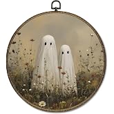 OINDADE Vintage Ghost Halloween Round Wall Art Decor, Dark Fall Cottagecore Ghost Floral Wall Art Hanging Decor, Vintage Halloween Spooky Fall Season Framed Canvas Artwork for Living Room, 10x10in