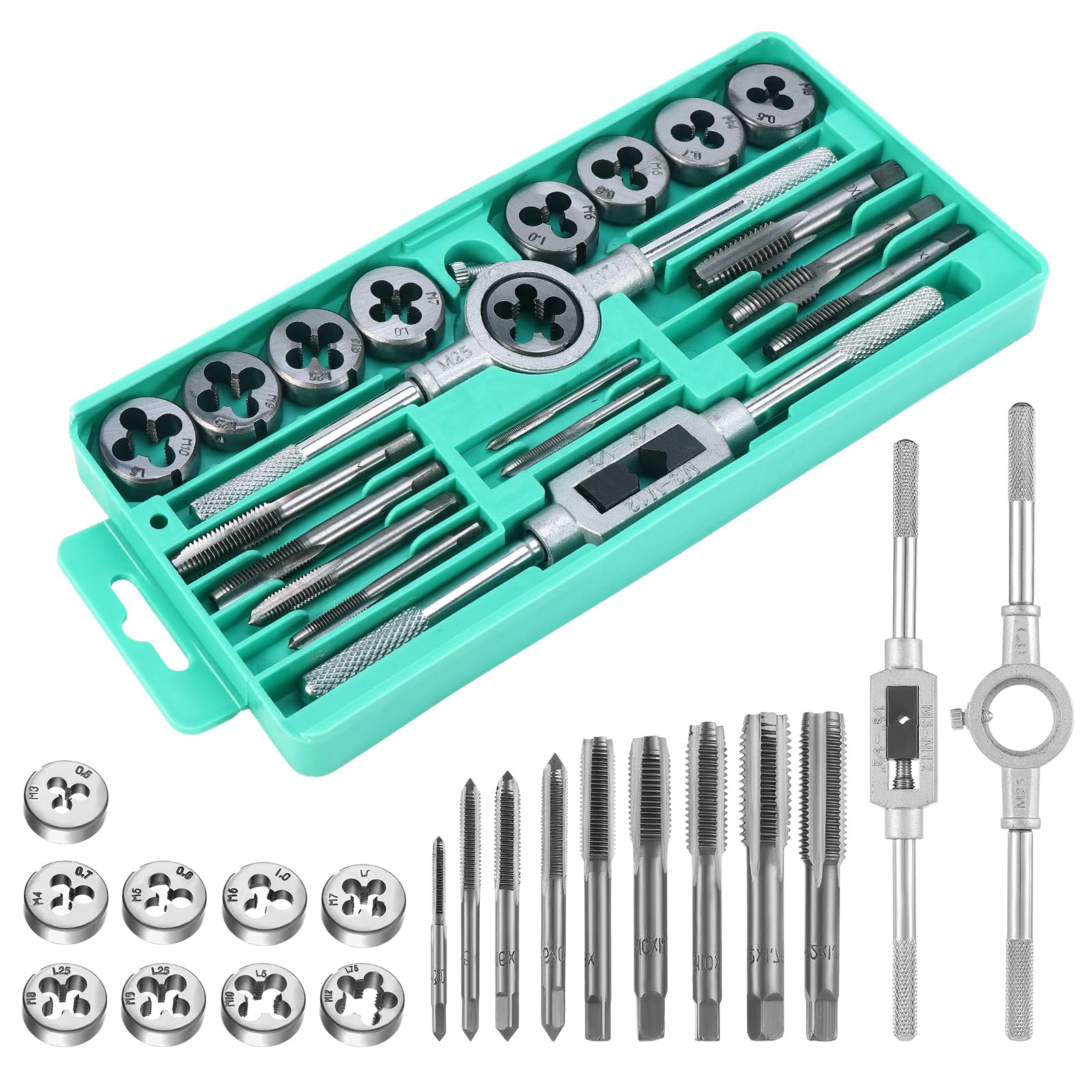 Gueenky 20 Pieces Tap and Die Set, M3-M12 Metric Tapping and Threading Tool Bearing Steel Tap and Die Set with Tap Wrench for Cutting External Internal Thread