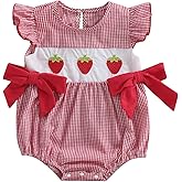 KMBANGI Baby Girl Strawberry Outfit Flutter Sleeve Strawberry Bow Smocked Romper Infant Baby Gingham Summer Clothes 0-18M
