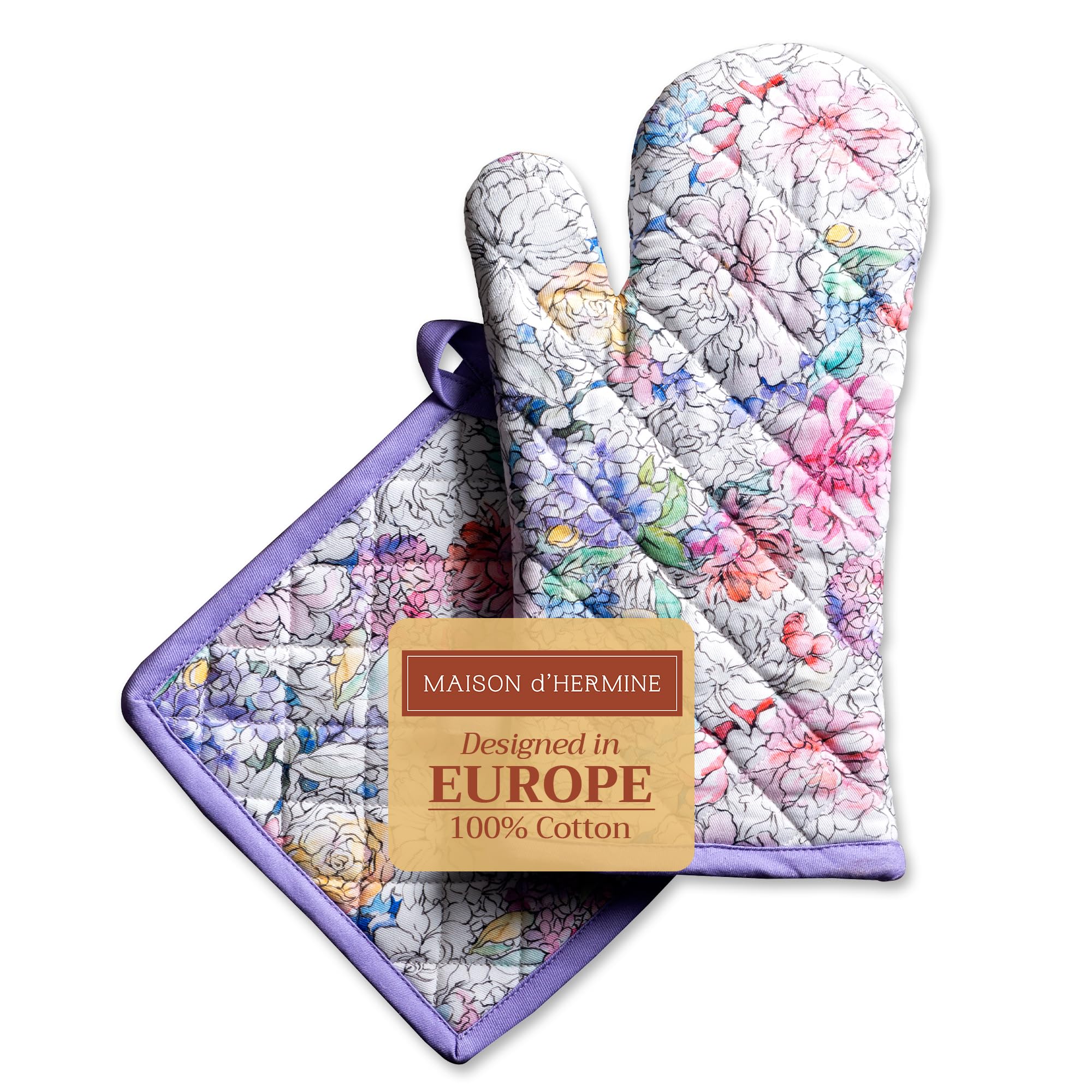 Maison d' Hermine 100% Cotton Oven Mitt & Pot Holder Set (19 x 33 cm & 20 x 20 cm) Heat Resistant BBQ Cooking Gloves with Loop for Baking Handling Hot Pans Gifts for Mothers Day (Floral Love)