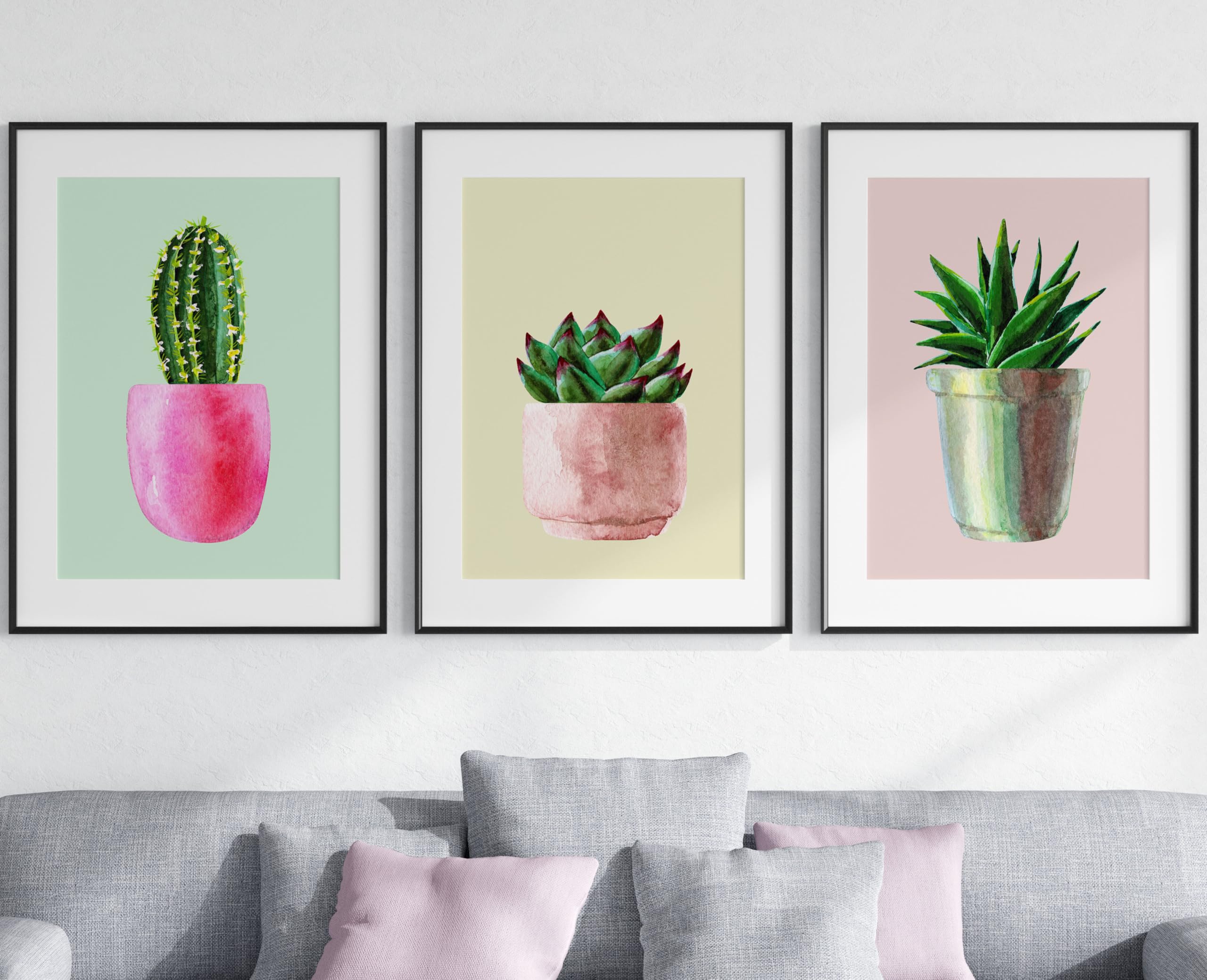 Eviepops Prints Colourful Cactus Pot Plants Set of 3 Unframed Wall Art Prints, Succulent Plant Decor, Living Room Bedroom Poster Home Decor, Pastel Background (A4)