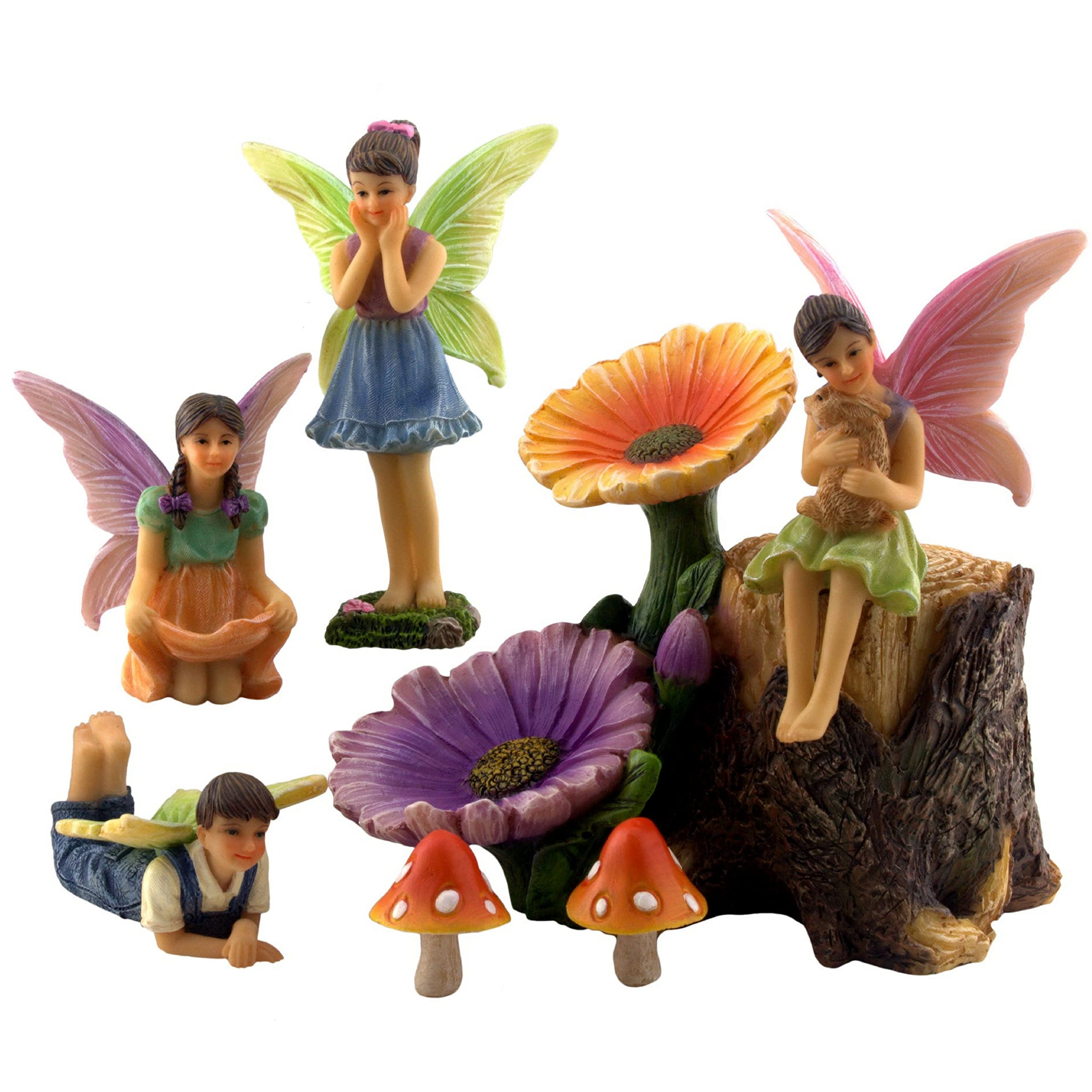 PRETMANNS Fairies for Fairy Garden Accessories for Outdoor - Figurines and Flower Stump for Miniature Set with 2 Mushrooms - Ideal for Fairy Garden Starter Kit - 7 Piece Supplies
