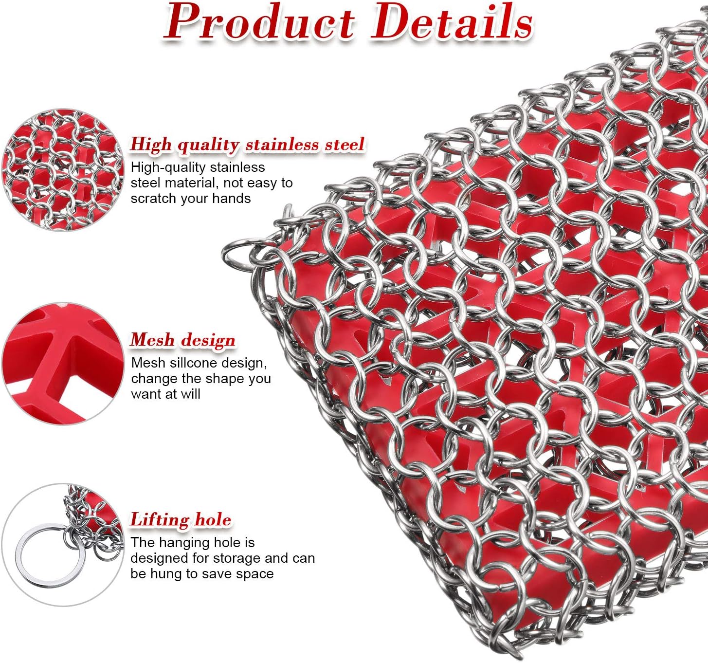 2 Pieces Chainmail Scrubbers Skillet Cast Iron Cleaner Stainless Steel Scrubbers with Silicone for Kitchen Cookware BBQ Tools Green and Red: Health & Personal Care