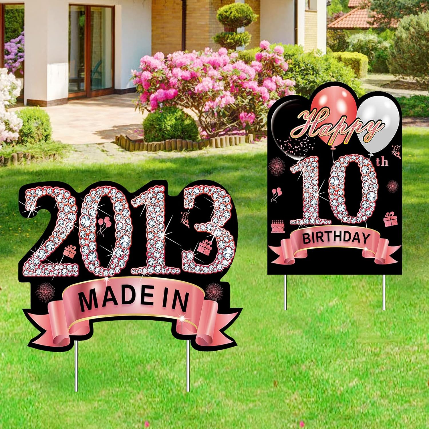 Yard Signs - 2Pcs Rose Gold 10th Birthday Yard Sign Decorations for Girls, Happy 10th Birthday Made in 2013 Lawn Sign Party Supplies, Happy 10 Year Old Birthday Outdoor Yard Decor with Stakes