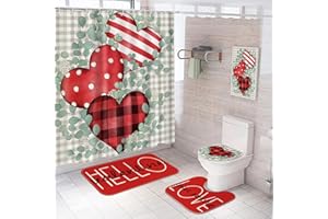 Rtteri 4 Pieces Valentine's Day Shower Curtain Set Valentine Bathroom Decor Hearts Sweet Love Couple Lover Watercolor Fabric with Non Slip Rugs Toilet Lid Cover Bath Mat U Shaped Mat Bathroom(Heart)