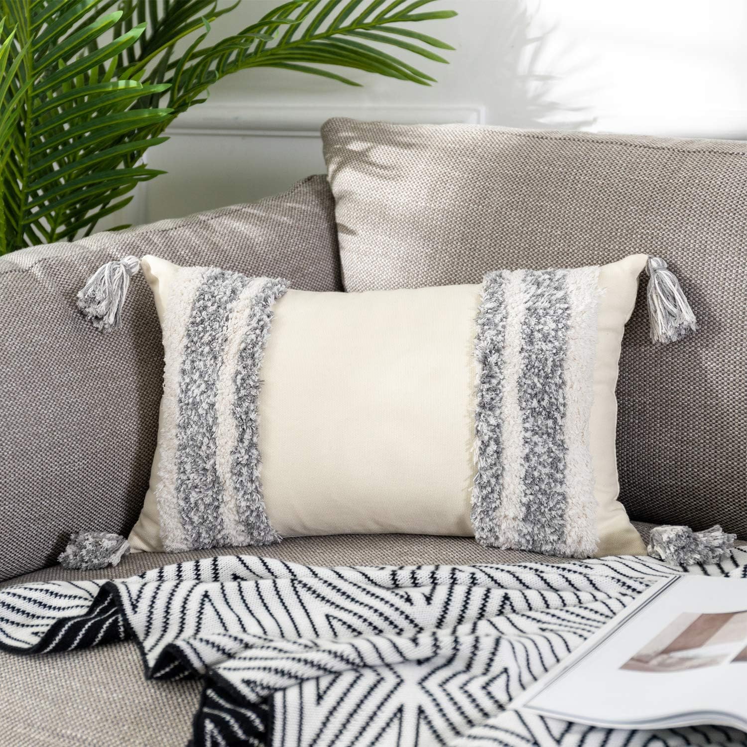 Decorative Boho Throw Pillow Covers, 100% 390g Cotton Canvas Fabric, Rectangle Pillow Sham with Tufted Tassels Bohemian Style Lumbar Pillowcases for Home Decoration (12 x 20 Inch/Grey)