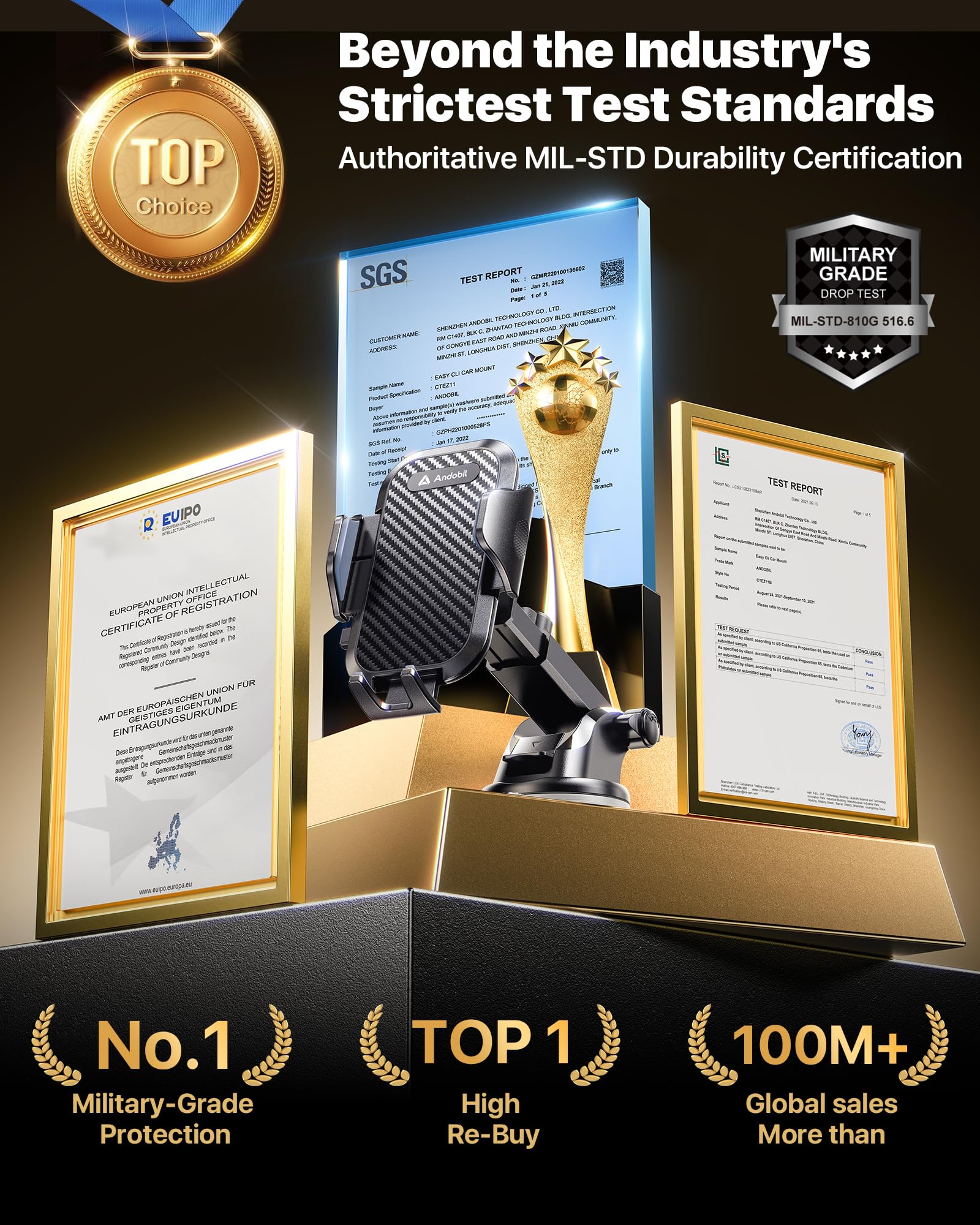 andobil Car Phone Holder, 2025 Military-Grade 89lbs Strongest Suction Phone Holders for Your Car Dashboard/Windshield/Vent Easy Clamp Car Phone Mount Stand for iPhone 17 16 15 14 13 Pro Max Samsung