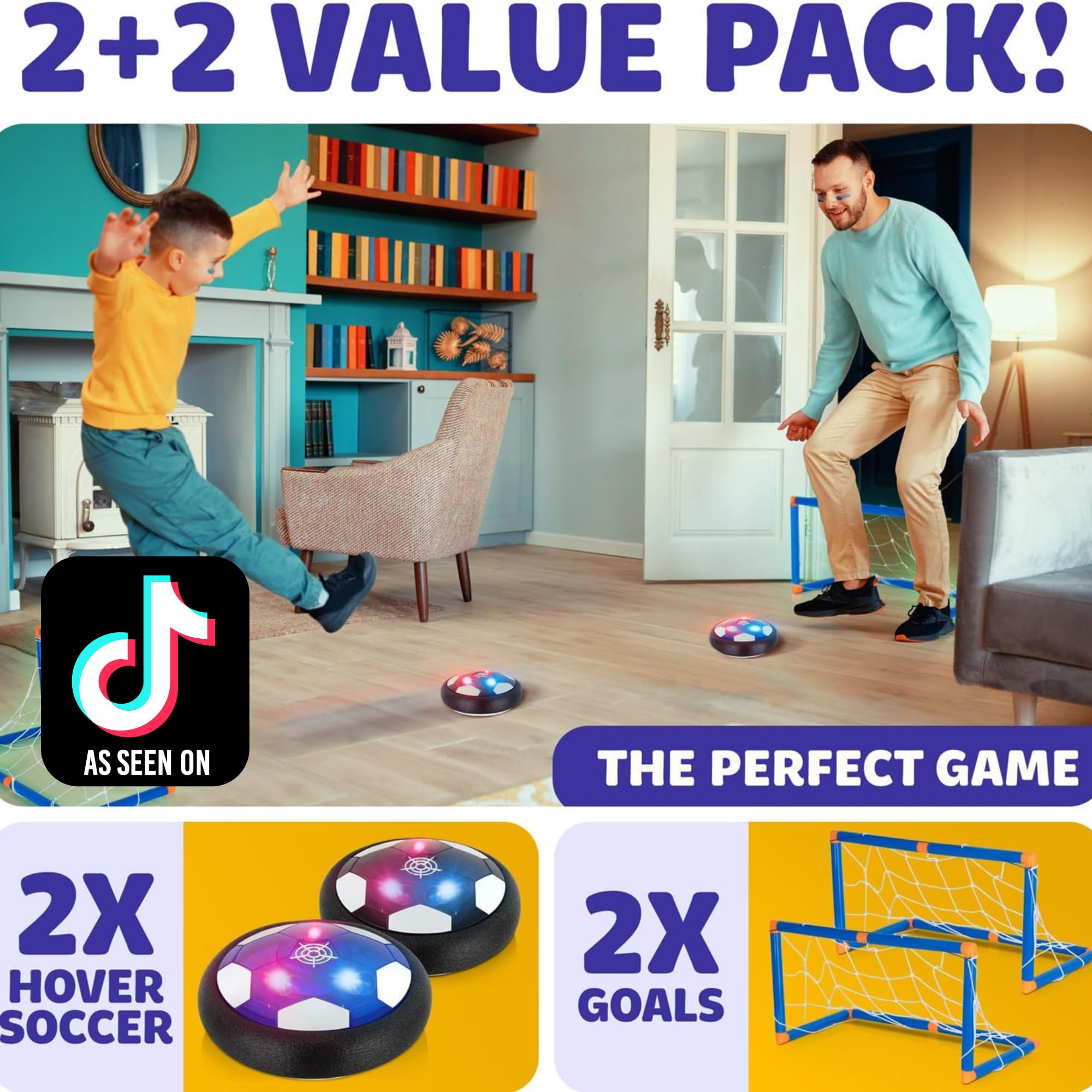 Hover Soccer Ball - Indoor Soccer Ball, Indoor Flying Toy Games (2 Floating Disk + 2 Goals) Boy Birthday Gifts, Indoor Silent Game | 4 in 1 Pack