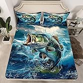 Feelyou Twin Size Bass Big Fish Fitted Sheet Set - Microfiber - Blue - Modern Pattern - Machine Washable