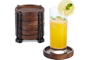 YANGBAGA 6Pcs Wooden Coasters for Drink-Acacia Wood Drink Coasters Set with Holder for Coffee Table Decor,Modern Cup Coaster for Kitchen Accessories Cute Beer Bar Decorative Rustic Outdoor Coasters