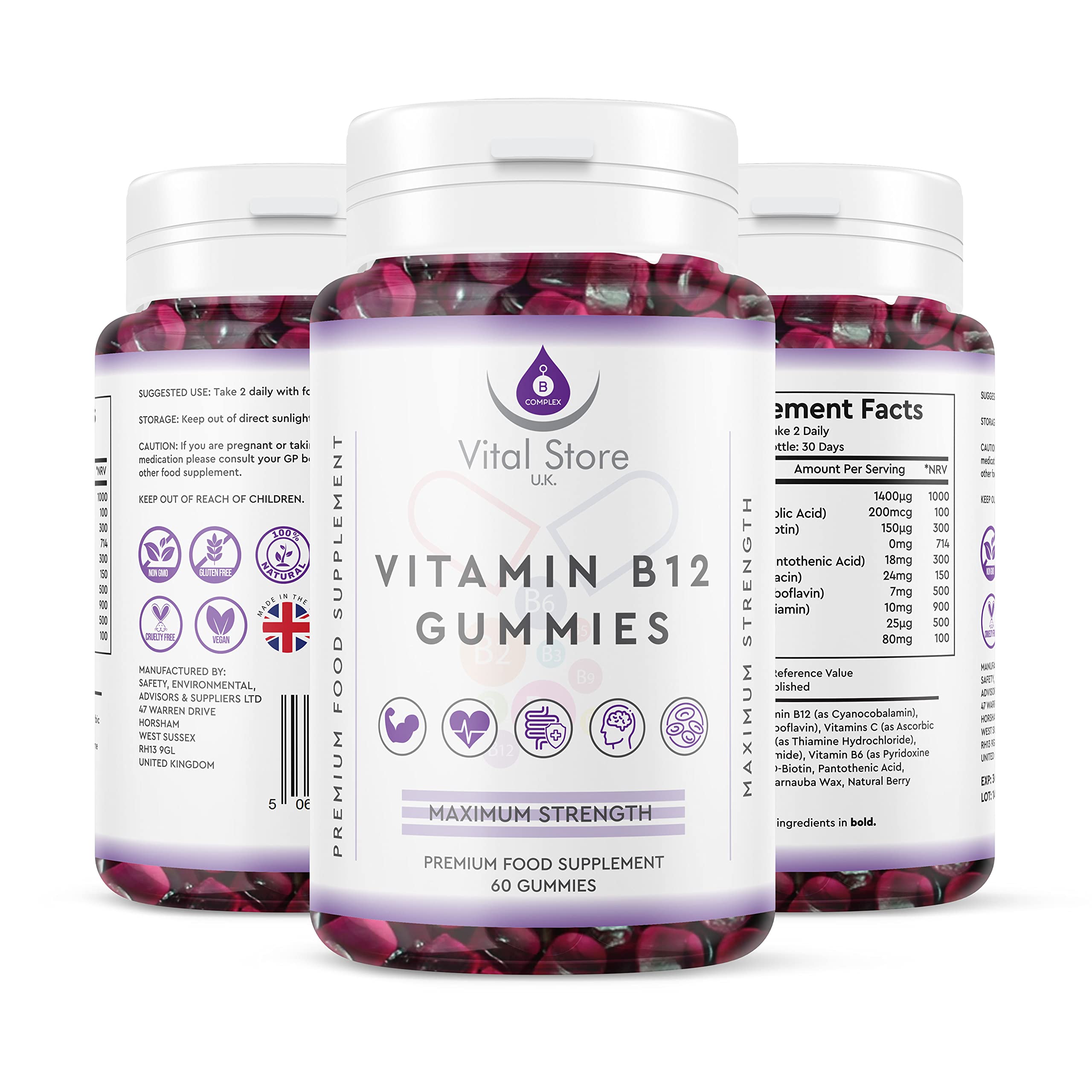 Vital Store U.K Vitamin B Complex Gummies - 2800MCG Per Serving - 60ct Berry Flavoured Sugar Free Vegan Gummies - with Added Vitamin C, D & B12,9,7,6,5,3,2,1, 60 Count (Pack of 1)
