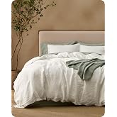 Bedsure PureWoven European Flax Linen Duvet Cover Set, Queen, White | Washed, Breathable, Moisture-Wicking, 170 GSM, Button Closure, 8 Interior Ties, All-Season, Luxury, Texture, Soft