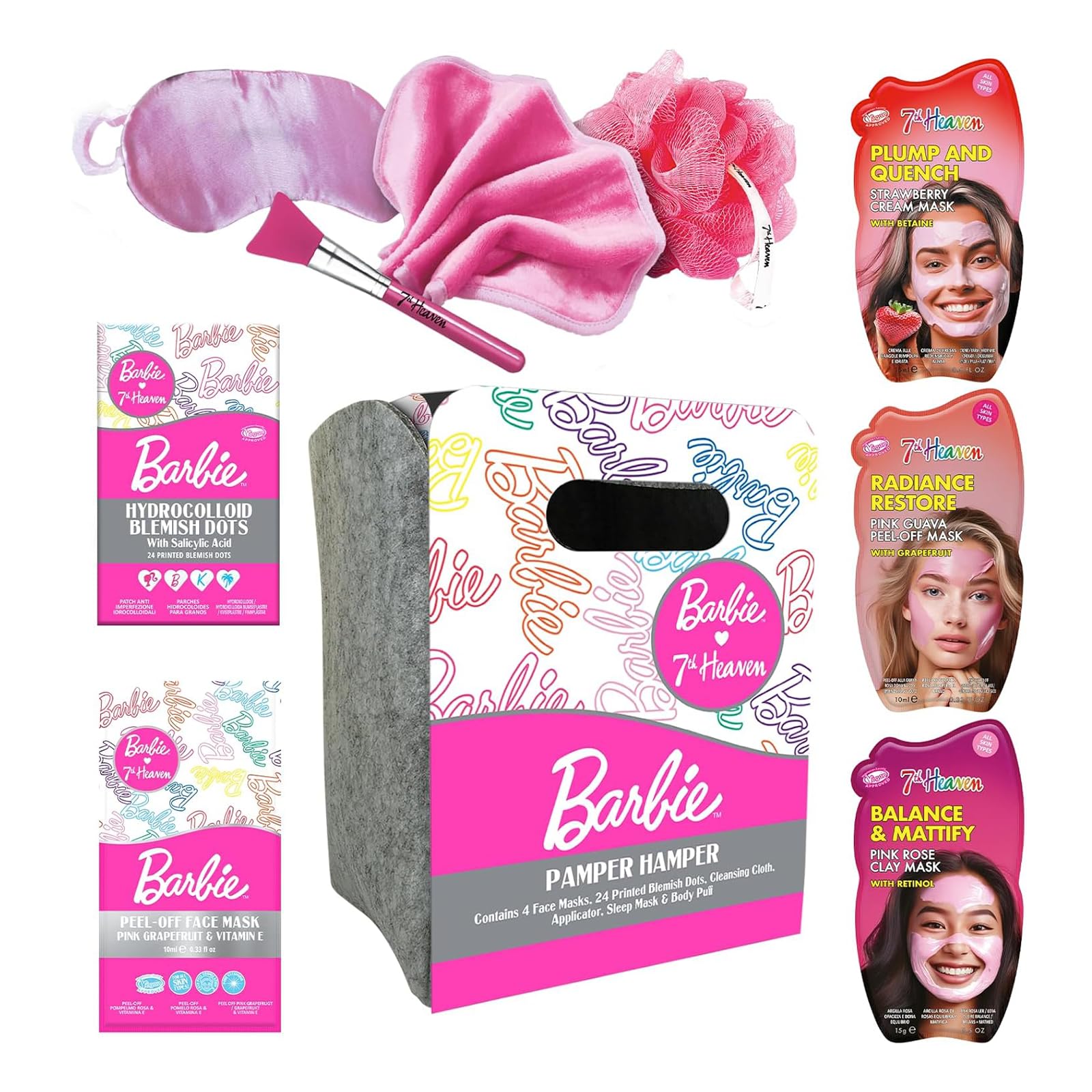 7th Heaven Barbie Pamper Hamper (Contains 4 Face Masks, 24 Spot Patches, Cleansing Cloth, Applicator, Sleep Mask, Body Puff) Pamper Gifts for Women & Girls - Genuine 7th Heaven Girls Skincare Gift Set
