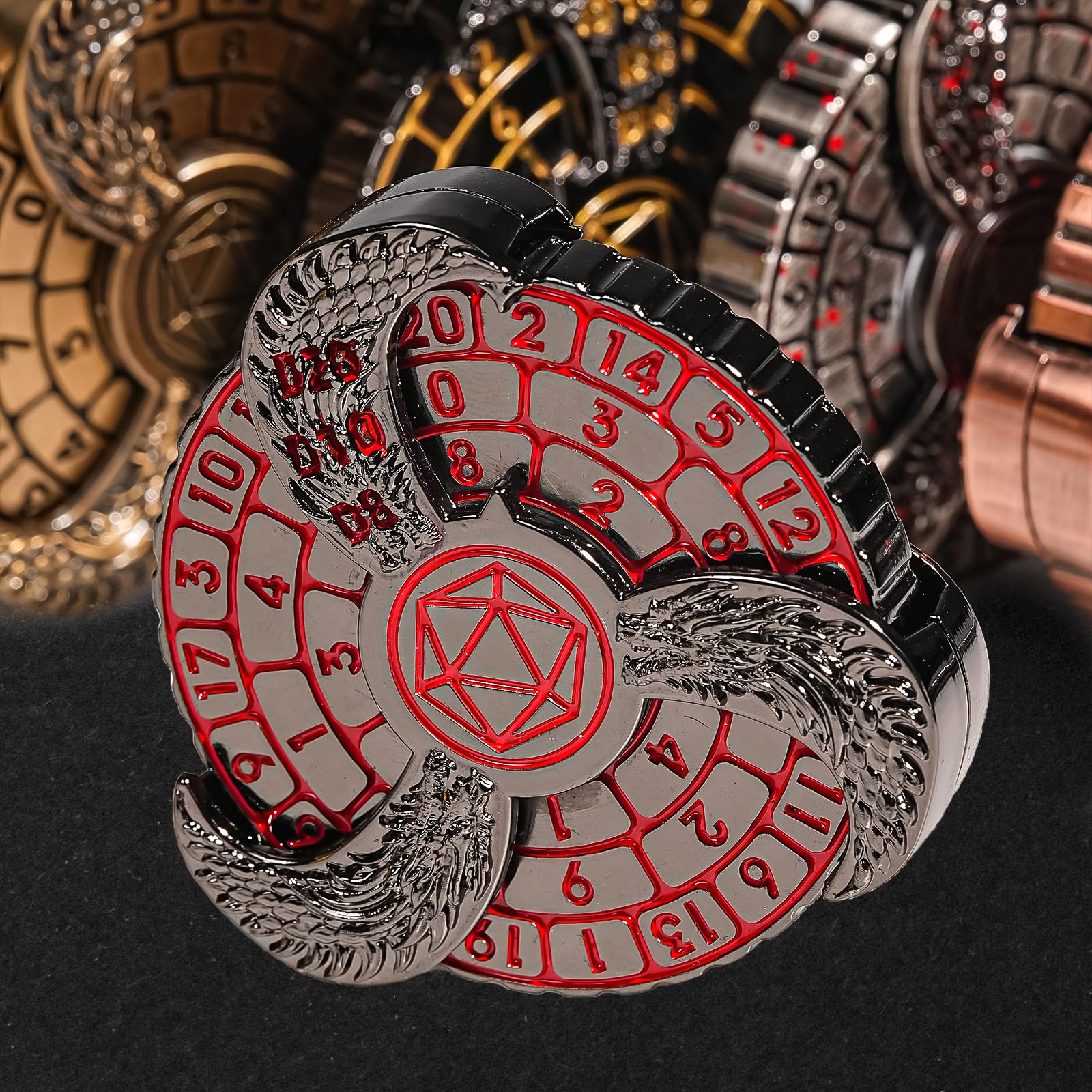 DND Dice Spinner Roulette 7-in-1 D&D Cool Rotating Metal Dice Dungeons and Dragons Starter Set with Gift Box Spinning Games for RPG MTG Table Games (Black and Red)